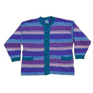 Vintage 80s/90s Pure Wool Cardigan Sweater With Stripe & Tribal Pattern Button-U